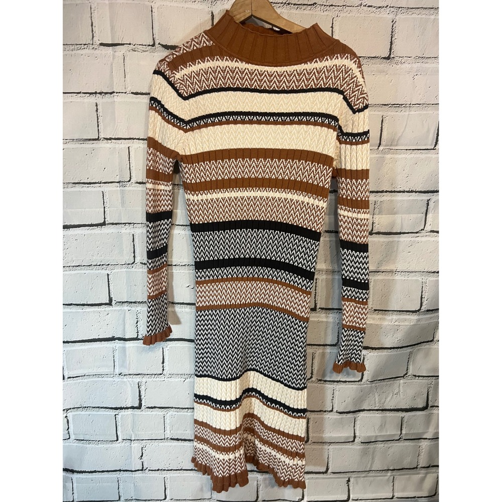 CISTAR New York Sweater Midi Dress M Brown Cream Black 70s Retro Mock Neck